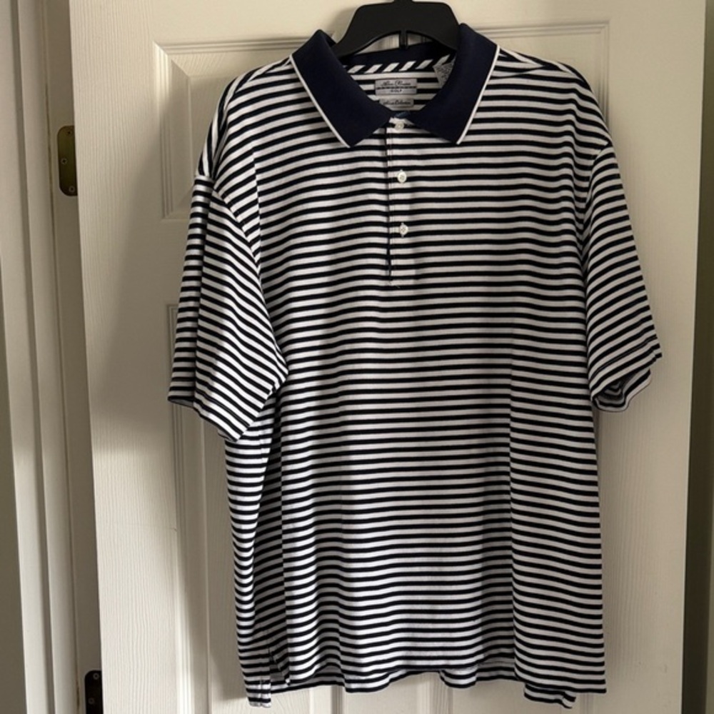 Navy and White Striped Alan Flusser Golf Shirt